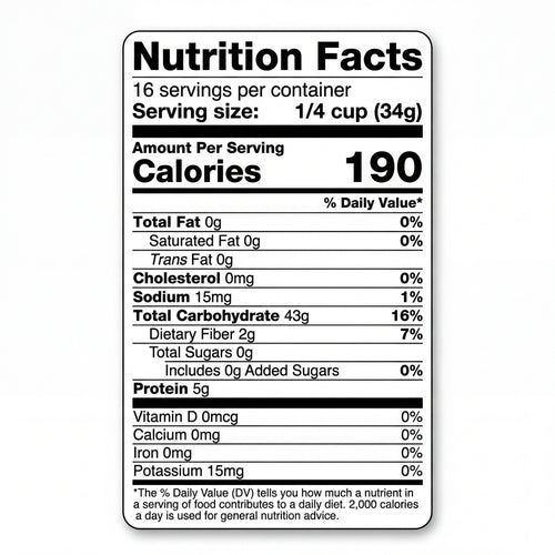 Nutrition label for Premium Calrose Rice (3-Pack)